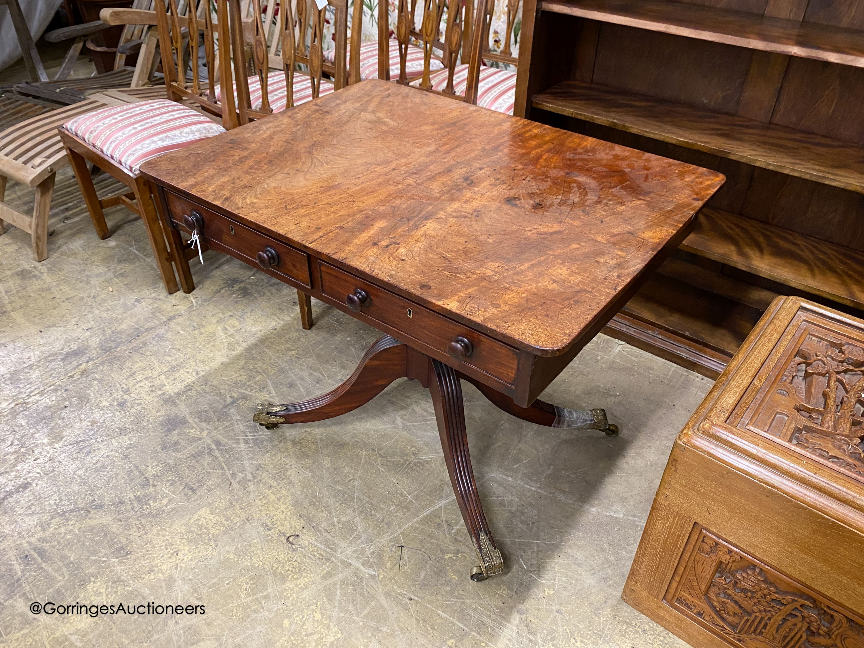 A Regency mahogany two drawer centre table, width 89cm, depth 68cm, height 72cm
